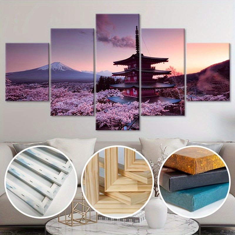 

Ensemble de 5 Toiles d'Art Japonais Temple & Fuji - Décoration Murale Moderne à Cadre en Bois pour Salon, Chambre, Couloir - Accent d'Hiver pour