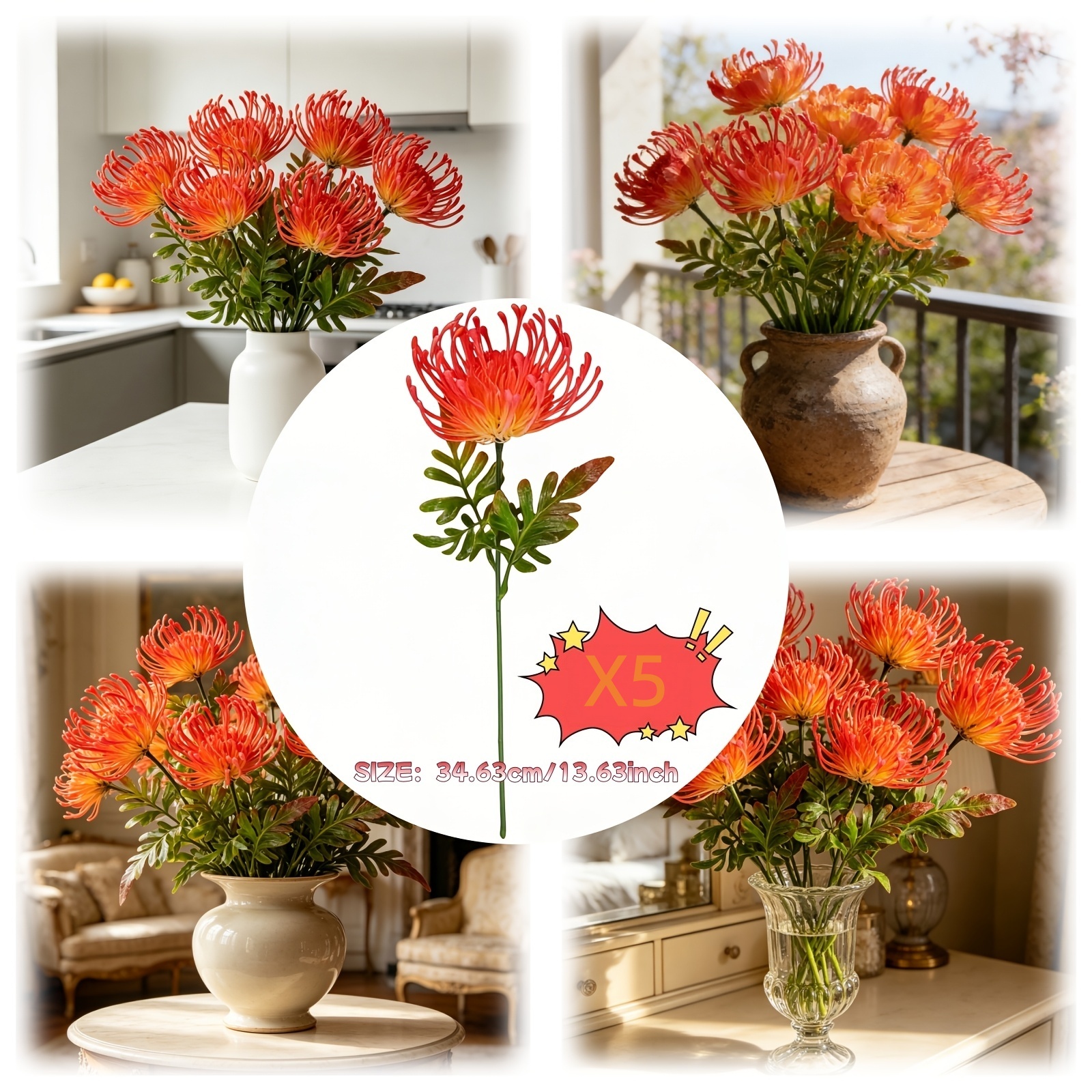 TEMU 5pcs Set Of Orange-yellow Imperial Thread-like Artificial Chrysanthemums, Long-lasting Without Fading Or Wilting. Suitable For Decorating Living