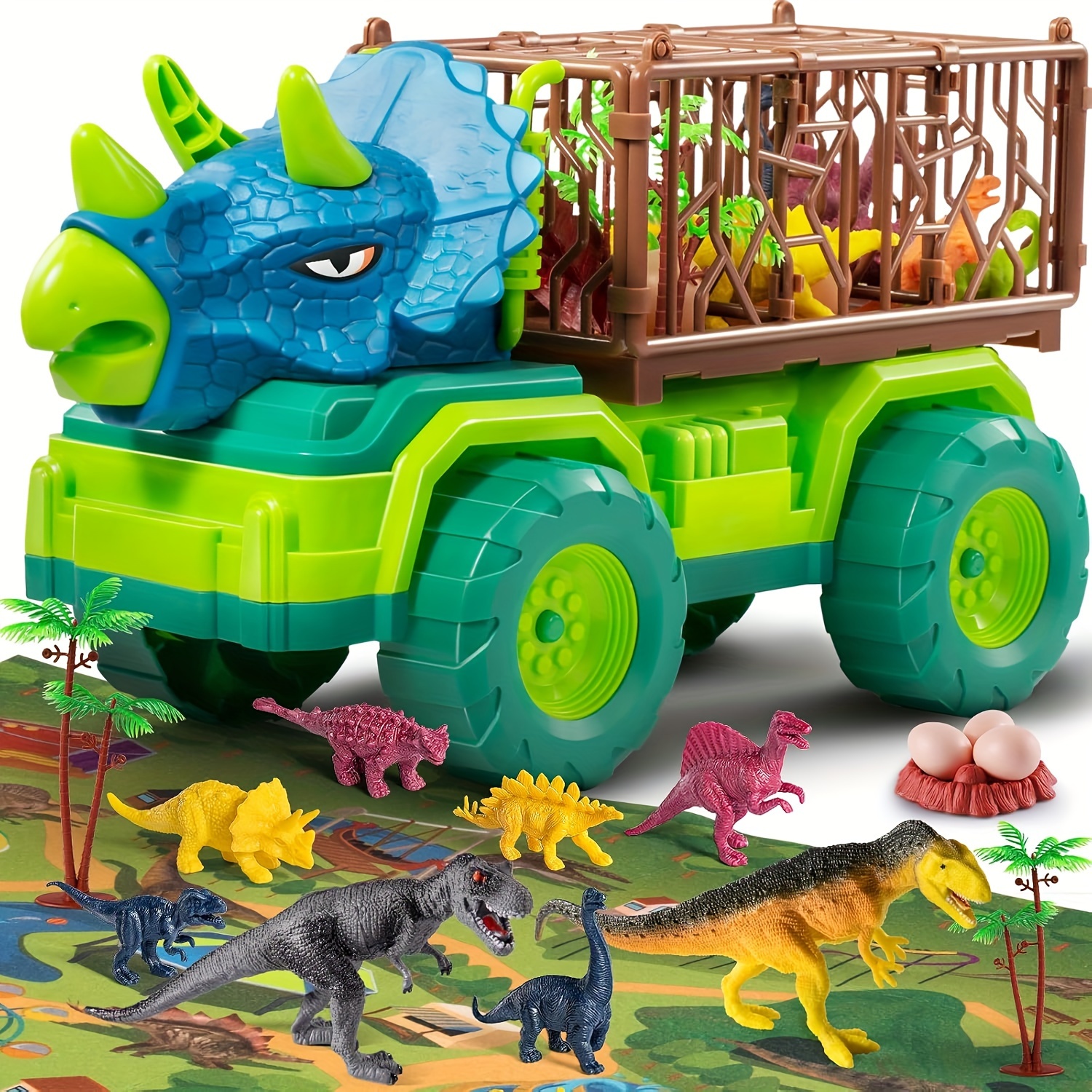 

Dinosaur Truck Toy For -5 Years, Transport Car Carrier With 8 Dino Figures, Activity Play Mat, And Trees, Capture Jurassic Dinosaurs Play Set For Boys And Girls