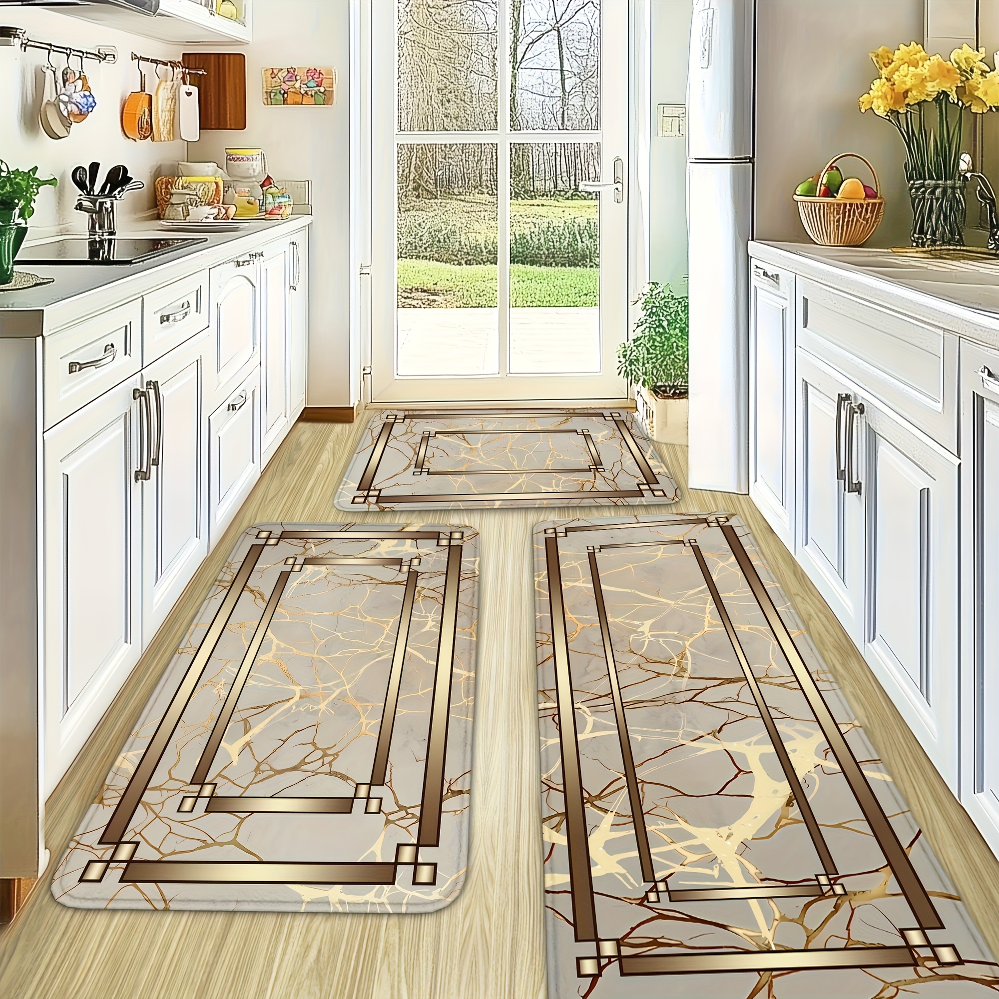 TEMU 1/2/3pcs Spring/summer Kitchen Decor Flannel Mat Set, Marble Style Kitchen Mat, Spring/summer Kitchen Home Decor, Easter Home Decor, Daily Home