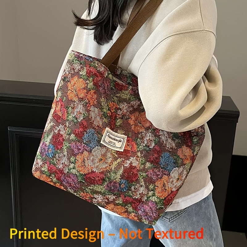 TEMU Printed Design New Fashionable Printed Canvas Tote Bag, Large Capacity Slouchy Handbag, Zipper Closure, Sturdy Handles, Comfortable Fabric, ,