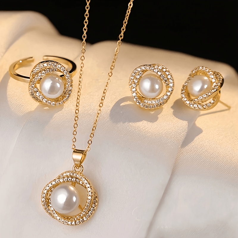 TEMU NK Acier Inoxydable Ensemble de 3 Pétale de Épanouie pour Femmes. Temps en Facile Strass Enveloppé Perle Pendentif Bague de Boucle d'Oreille