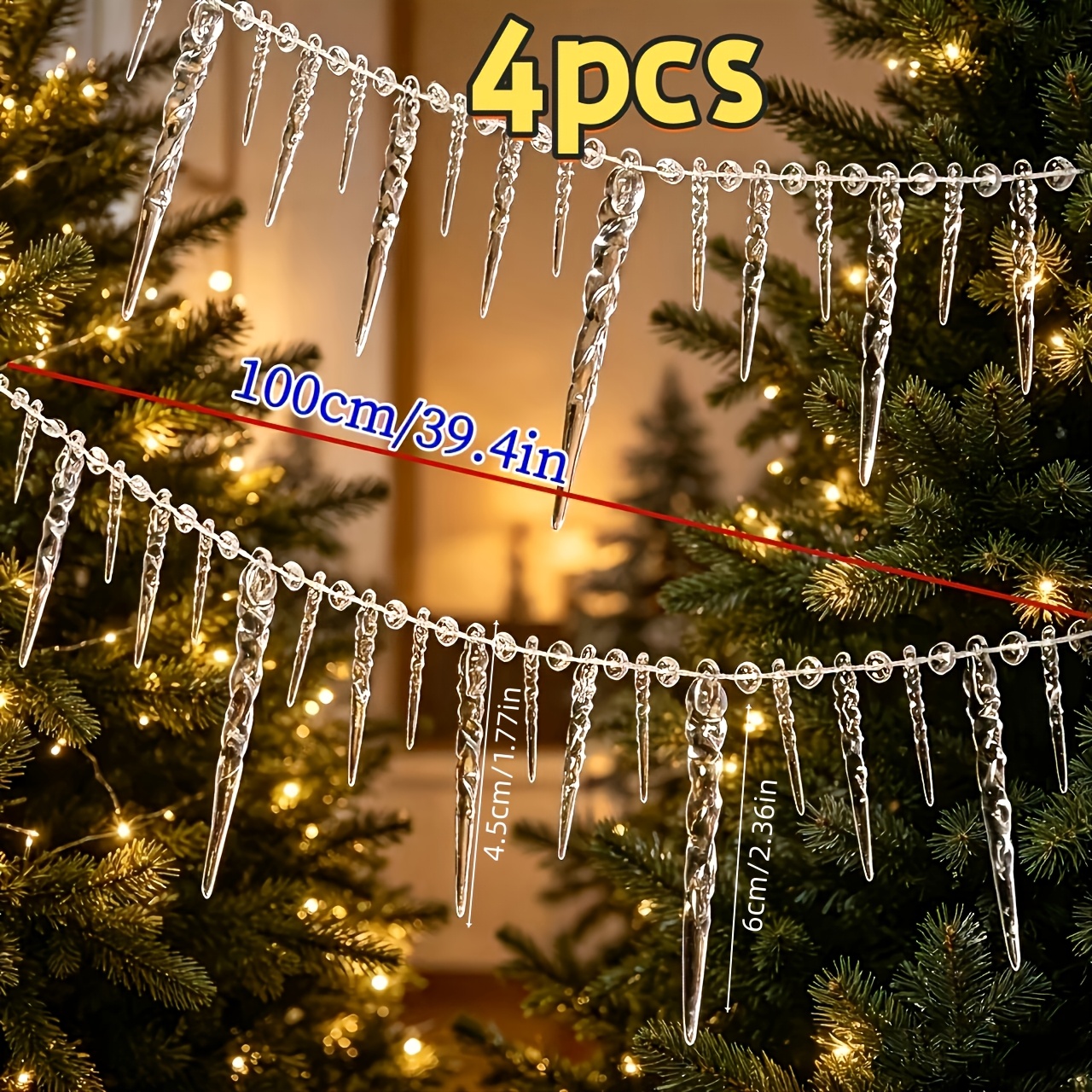 TEMU 4pcs Acrylic Transparent Ice Pillar Decorative String Christmas Tree Ornaments, Winter Ice Pillar Bead Chain Decorations, Suitable For Christmas