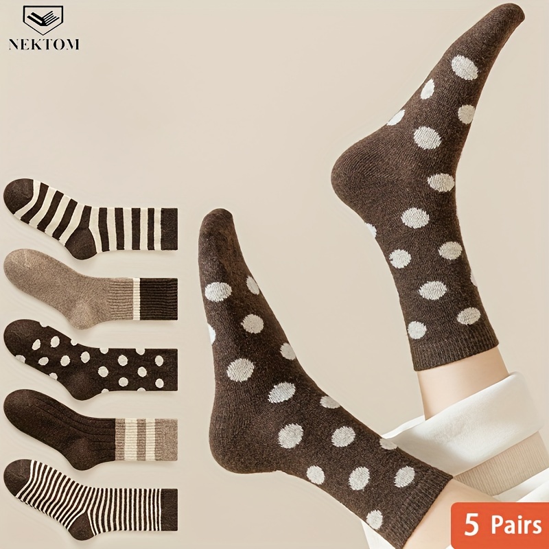 TEMU Nektom 5- Pack Mid- Socks - Knit , Striped And Dot Pattern, Polyester And Spandex , Or