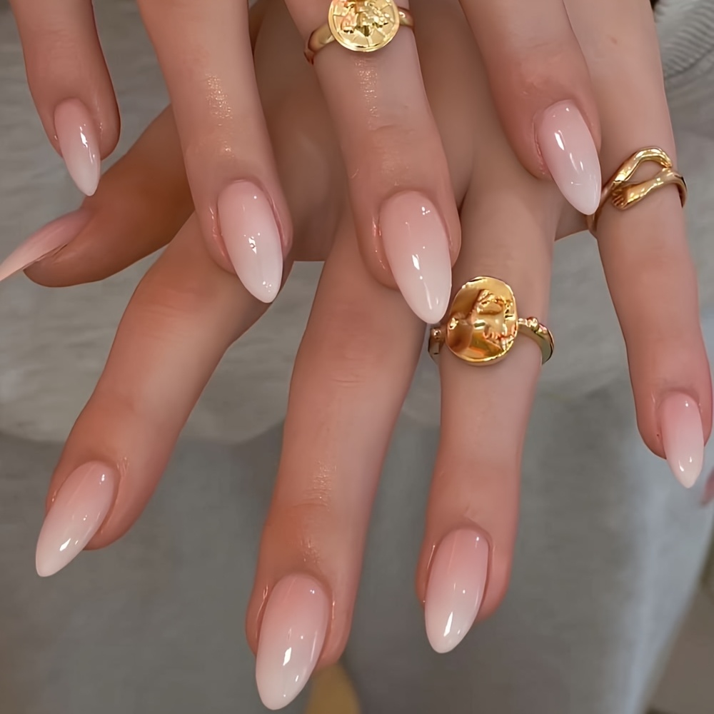 TEMU 144pcs -on Nails Suitable For Weddings, Short Almond Shape With Natural Pink-white Ombre & Milky White Smudge Glossy - Creamy Suitable For Daily