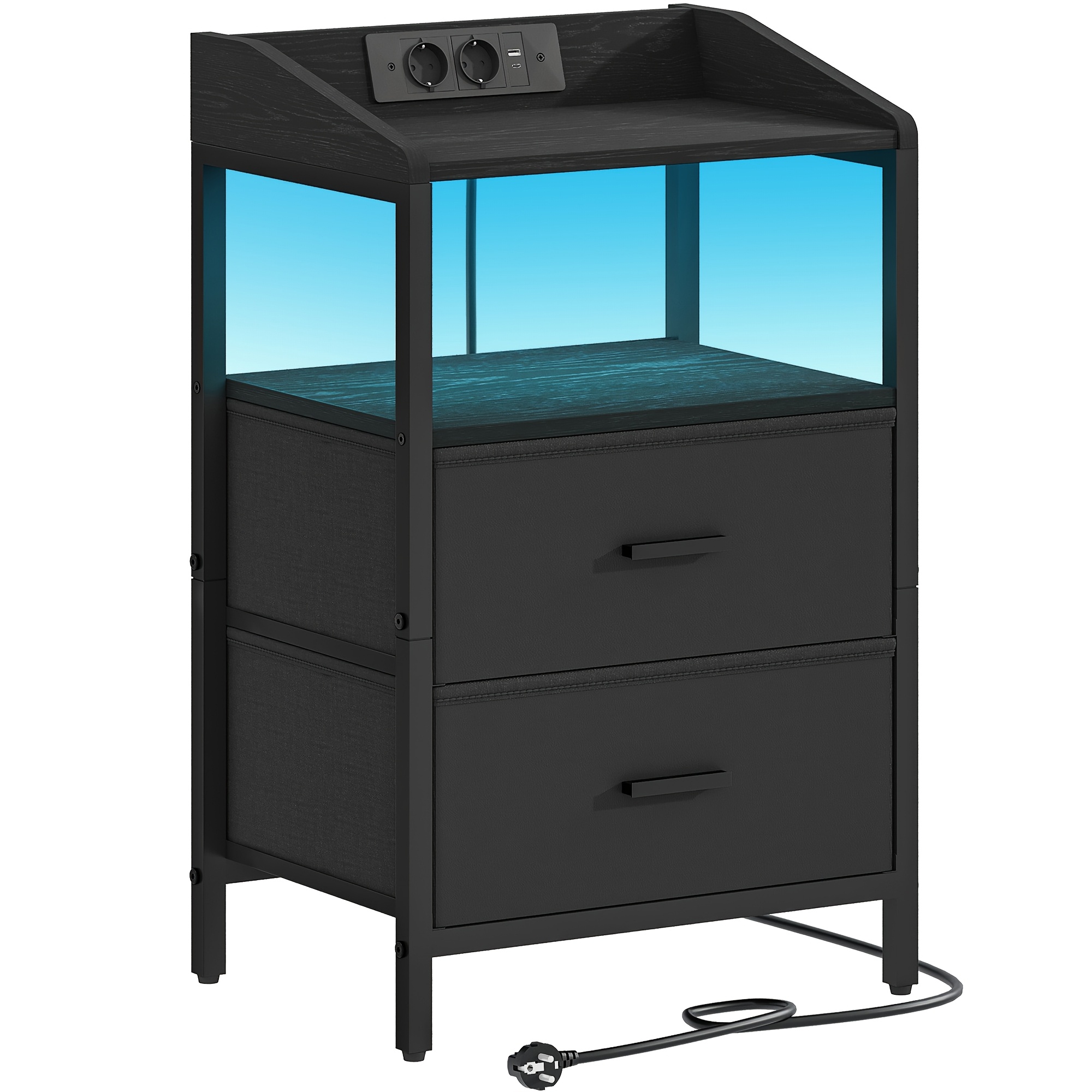 TEMU Table de chevet, station de charge et lumière LED, table d'appoint avec 2 tiroirs et étagère, tiroirs en tissu avec port USB et prise, convient