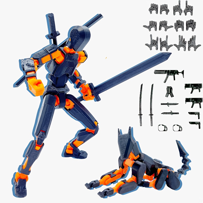 Set De 2 Figuras Robóticas Articuladas – Hombre Rojo Con 3 Gestos Y 4 Armas (13-14 Cm) Y Perro Azul Con Articulaciones 360°, Impreso En 3D, Para Coleccionistas Y Artistas