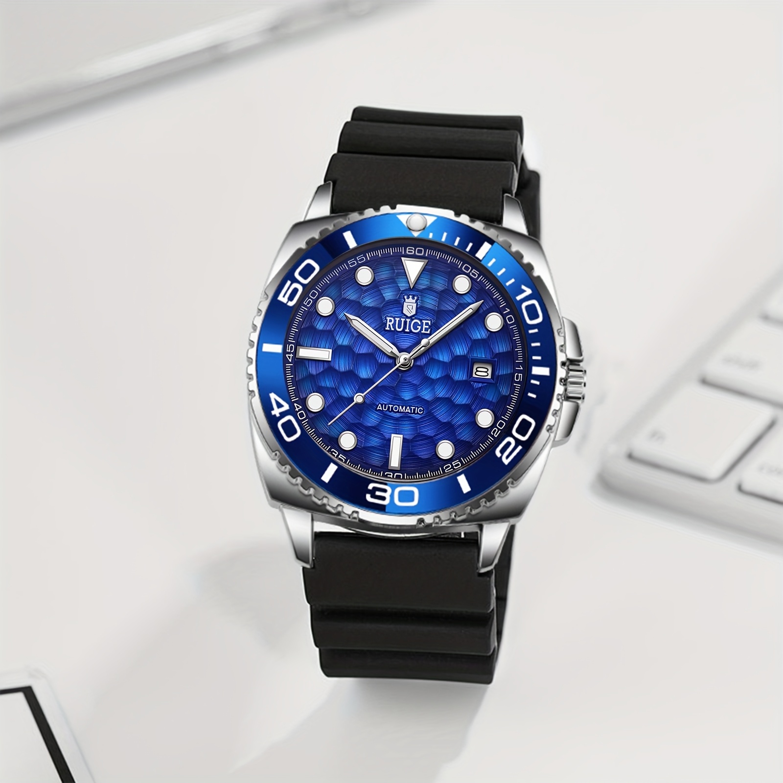 Image of Ruige Men' Automatic Mechanical - Ocean Blue Aesthetic, Hollow Face, Sophisticated Business Look, Materials, Sturdy Build, Date Indicator, Self-winding Mechanism, For Men, Formal Attire Accessory