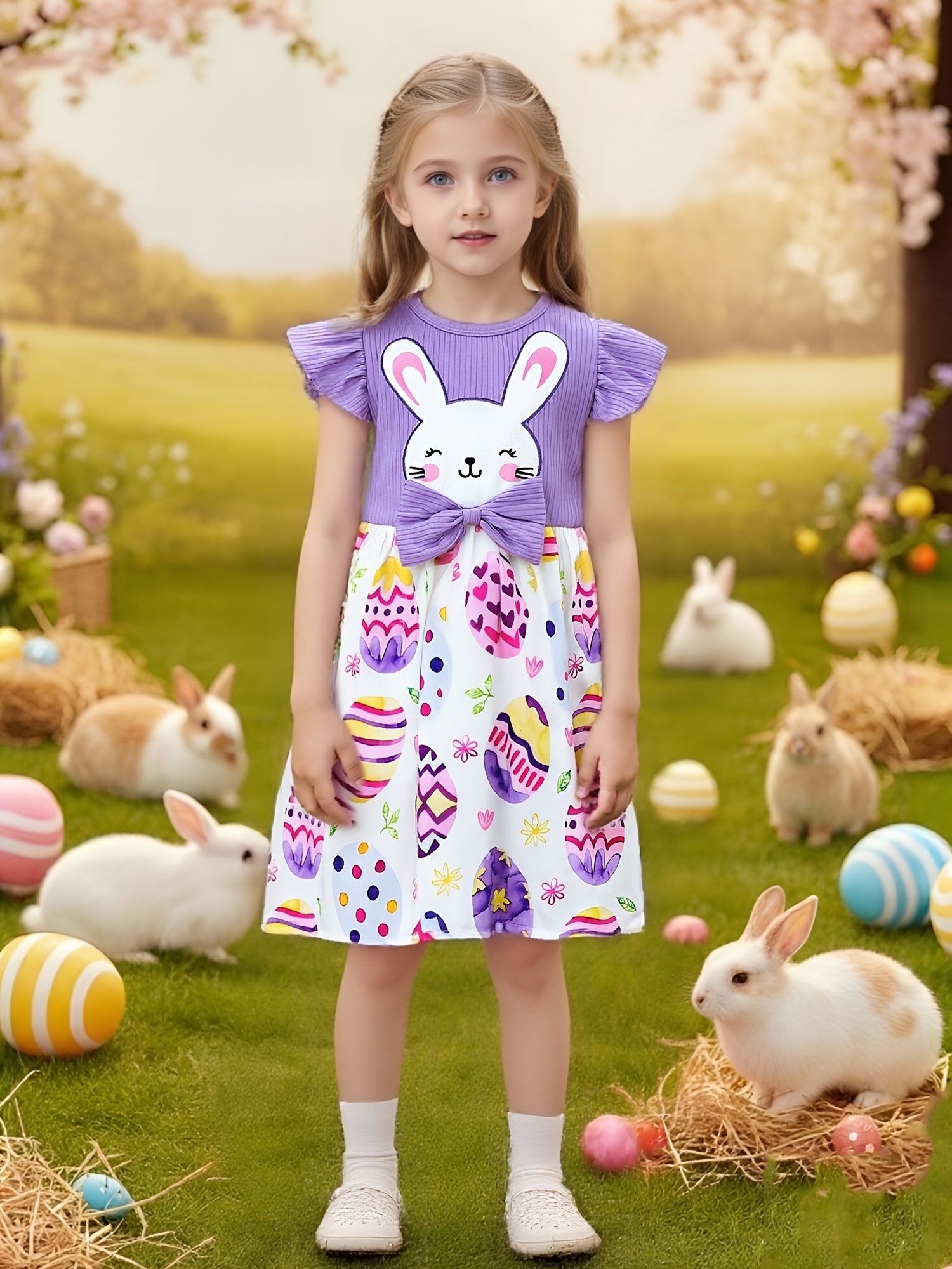 girls cute bunny embroidered egg print spliced princess - Temu