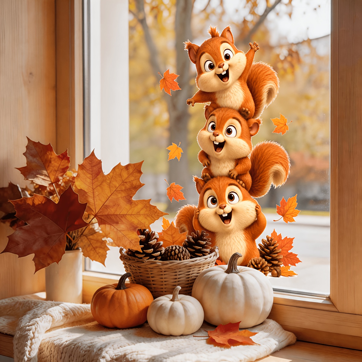 TEMU 2d Flat, 2d Flat Autumn Forest Themed Stacked Squirrel Static Window Clings With And Pine Cones, Glue-free Reusable Decals For Home And Shop