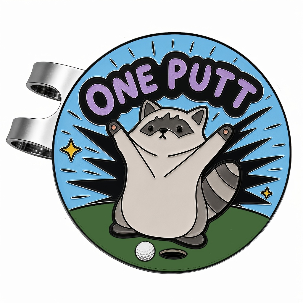 TEMU 'one Putt' Raccoon Golf Ball Marker With Magnetic Hat Clip - Fun Novelty Golf Accessory - Durable Metal Golf Hat Clip For Caps And Visors -