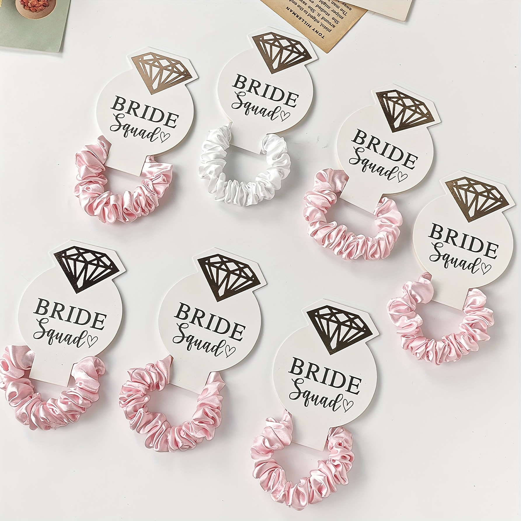 Image of 7pcs Pink/blue Elastic Pleated Hair Tie With Diamond Card Cute Tie Suitable For Wedding Gift Bachelorette Party Bridesmaid Gift Ladies Women