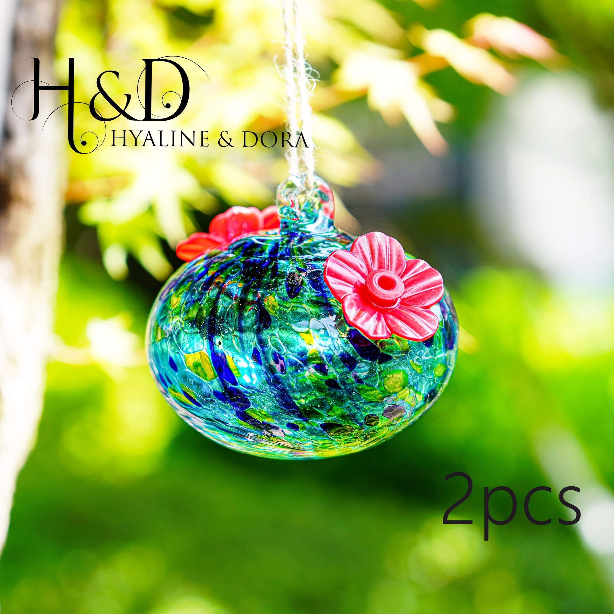 

H&d & 2pcs Hand Blown Glass For Outdoors With 2 Feeding Birds Feeder For Garden Yard Decor Gifts