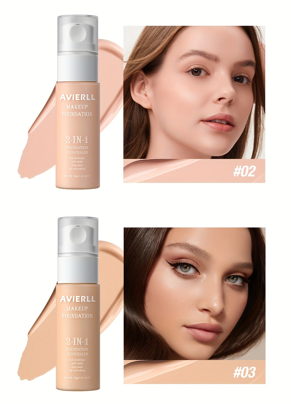 Moisturizing Foundation and Concealer | Waterproof, Suitable for Women'S Makeup, Valentine'S Day Gift, AVIERLL, 40g/1.41 oz, Medium Coverage, Fair to Light Tone