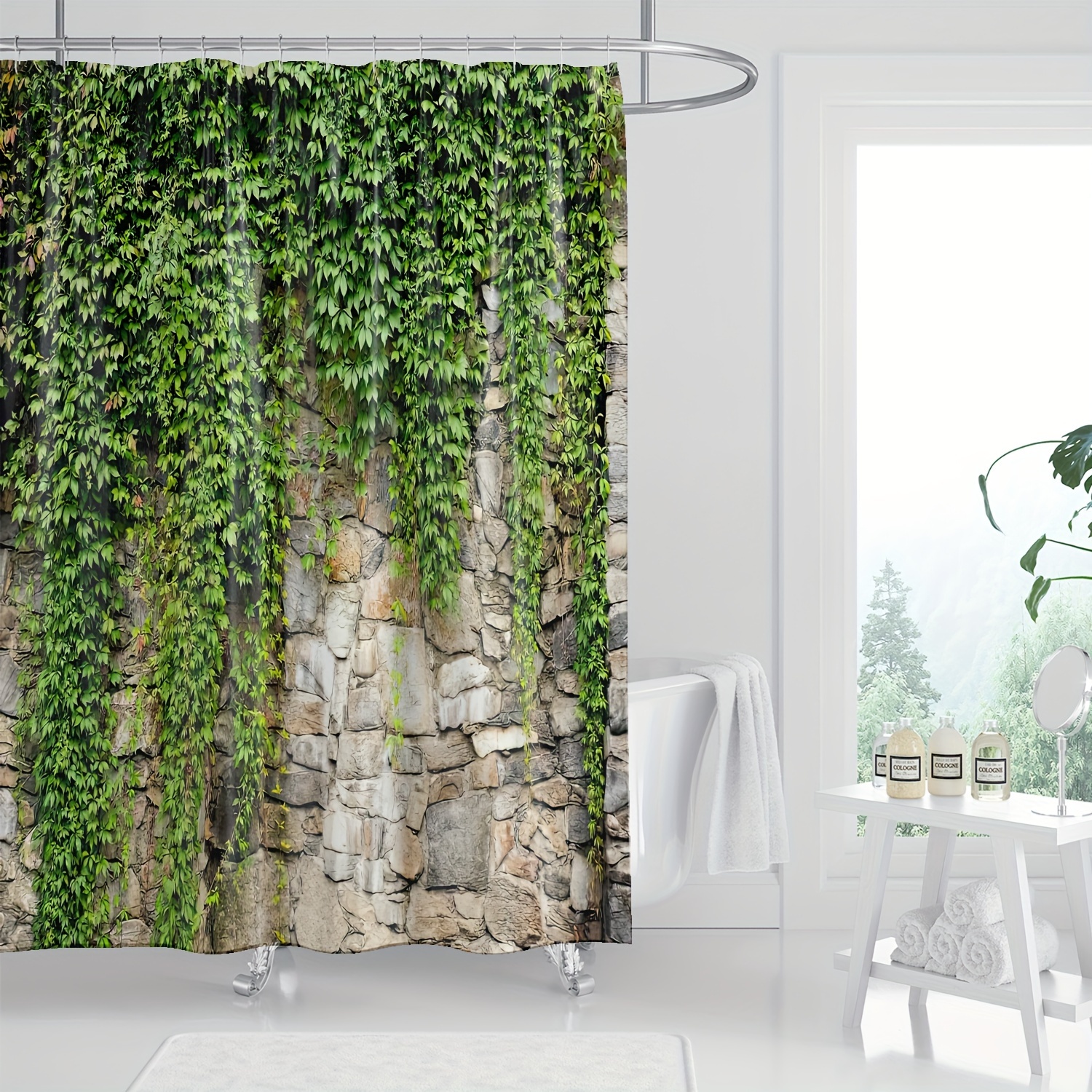 

1pc Green Vine Stone Wall Pattern Shower Curtain, Waterproof Shower Curtain With Hooks, Bathroom Partition, Bathroom Accessories, Home Decor