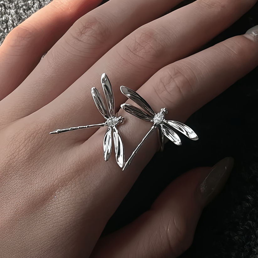 TEMU Bague ouverte argentée à incrustation 3D Double , synthétique étincelante, design de luxe léger , idéale pour les quotidiens, cadeau pour la
