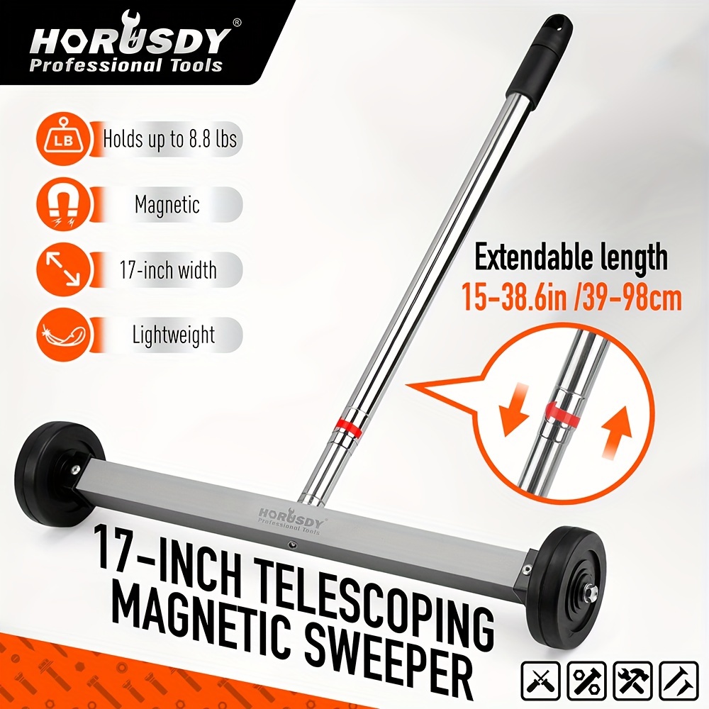 

Horusdy 17-inch Rolling Magnetic Sweeper With Wheels Pick Up Tools | Telescoping Adjustable Handle 15" To 38" | 8.8-pound Capacity Heavy-duty Magnet To Pick Up Screws Nails Gaskets Nut, Ect.