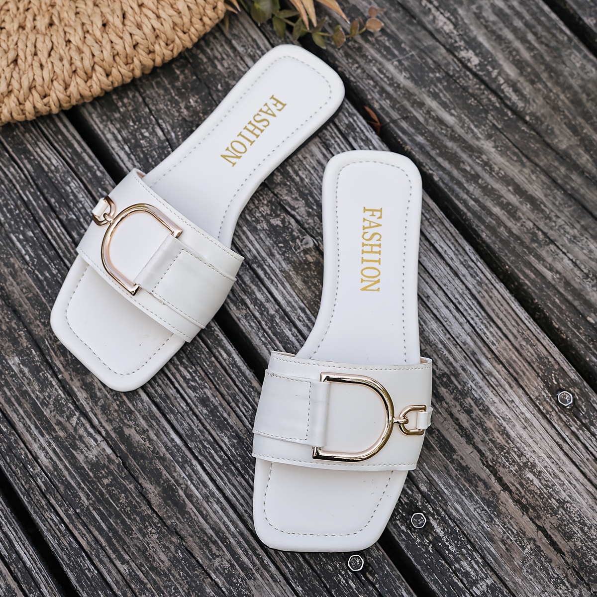 TEMU 2026 Summer Square-toe Sandals And Slippers Women's Metal Buckle One-strap Flat Versatile Slippers, Women Shoes
