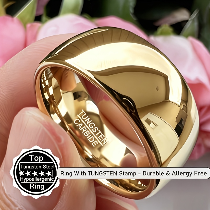 TEMU [with Logo] 1pc 8mm Carbide Ring, Luxury 18k Gold Plated Wedding Band Rings For Men Women Fashion Additions Golden High Polish Couple Rings Fit