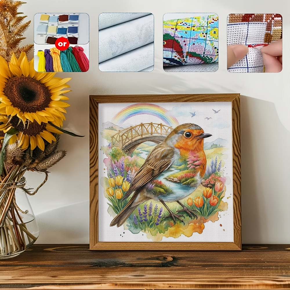 TEMU 1 Set Complete Spring Robin Cross Stitch Kit Suitable For - Diy Hand Embroidery With Pre-printed Fabric, Needle, Thread & Instructions |