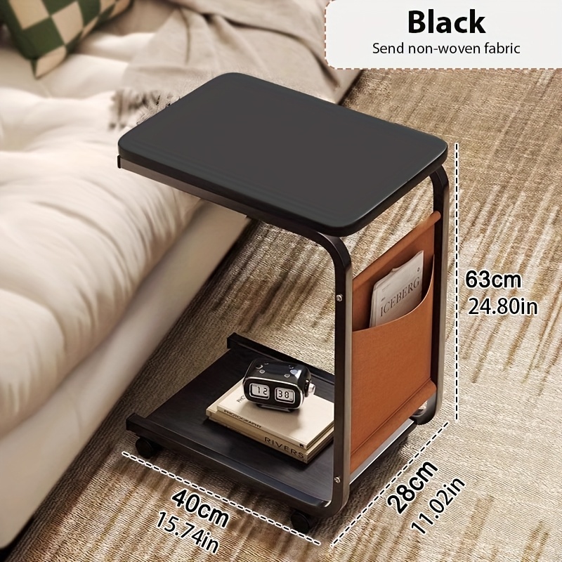 TEMU Rolling Side Table With Storage Bag - Metal Frame And Wooden Top, Desk For Sofa And Bedside, Swivel Wheels, Nightstand Cart Side Table Suitable