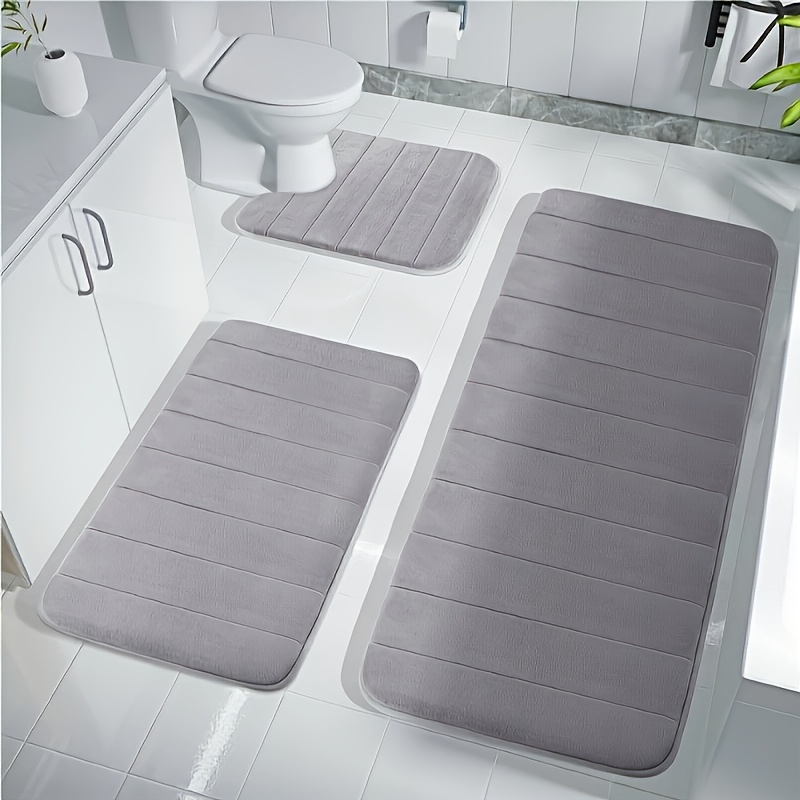 

3pcs Striped Bath Rug Set, Non-slip Water Absorbent Bathroom Mats, Machine Washable, Flat Woven Polyester With Pvc Backing, Low Pile, With Toilet And Bathtub Rugs