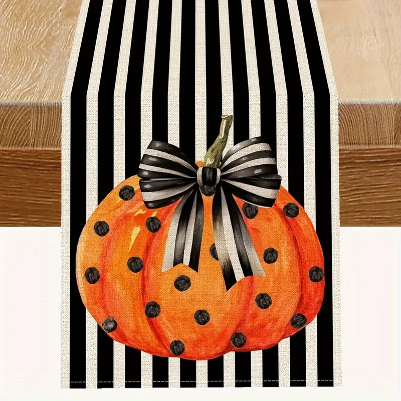 stolní ubrus halloween - černobílá pruhovaná výzdoba s oranžovými puntíky dýně, sezónní polyesterová dekorace jídelny, tkaný obdélníkový stolní textil pro domácí párty, sváteční kuchyňský doplněk 0