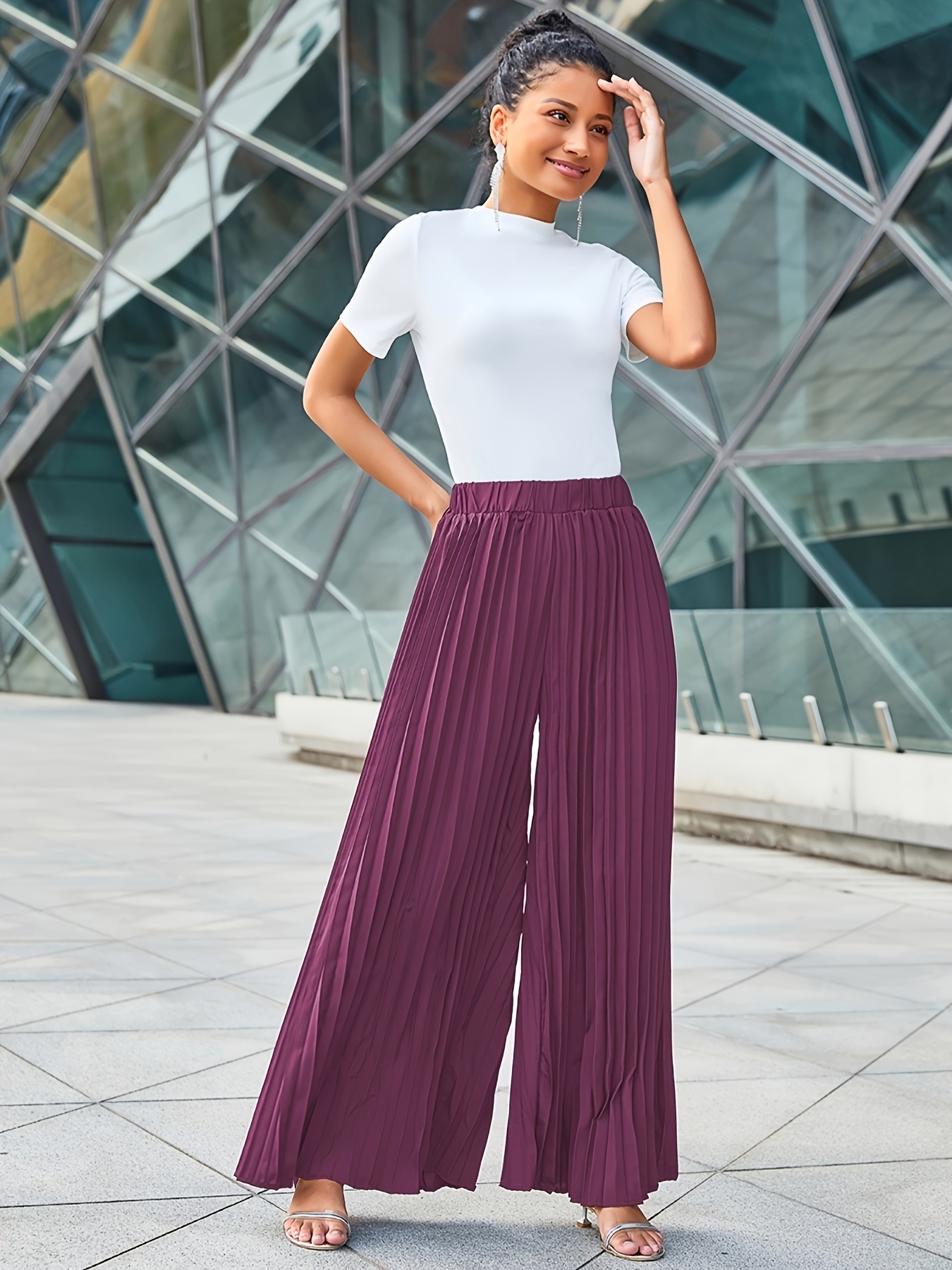 pantalones anchos plisados cintura elegantes mujer Temu Colombia