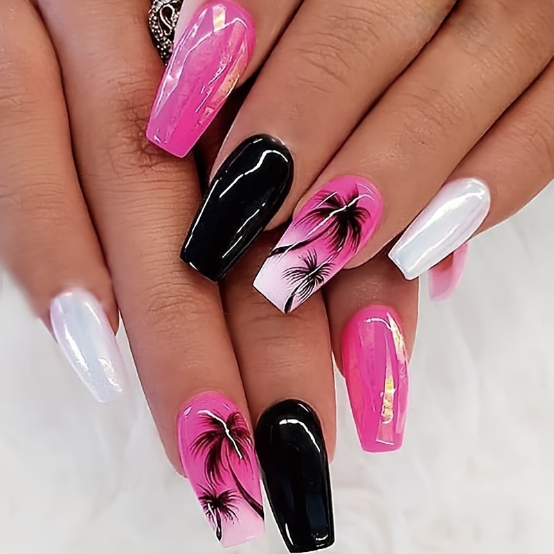 

Summer Press On Nails Rose Red Gradient Fake Nails, Coconut Tree With Design, Plant Style False Nails Pearlescent Black Acrylic Nails