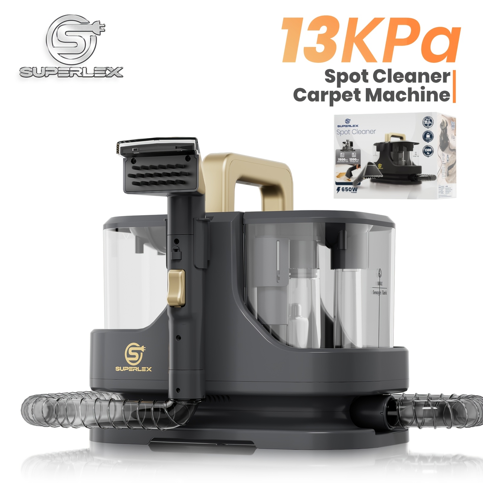 Image of Superlex 650w Spot Cleaner, 1500ml Clean Water Tank And 1200ml Dirty Tank, 2-in-1 Cleaner With 13kpa Suction, Cord 2m Hose, For Hard Floors, Tile And Wood