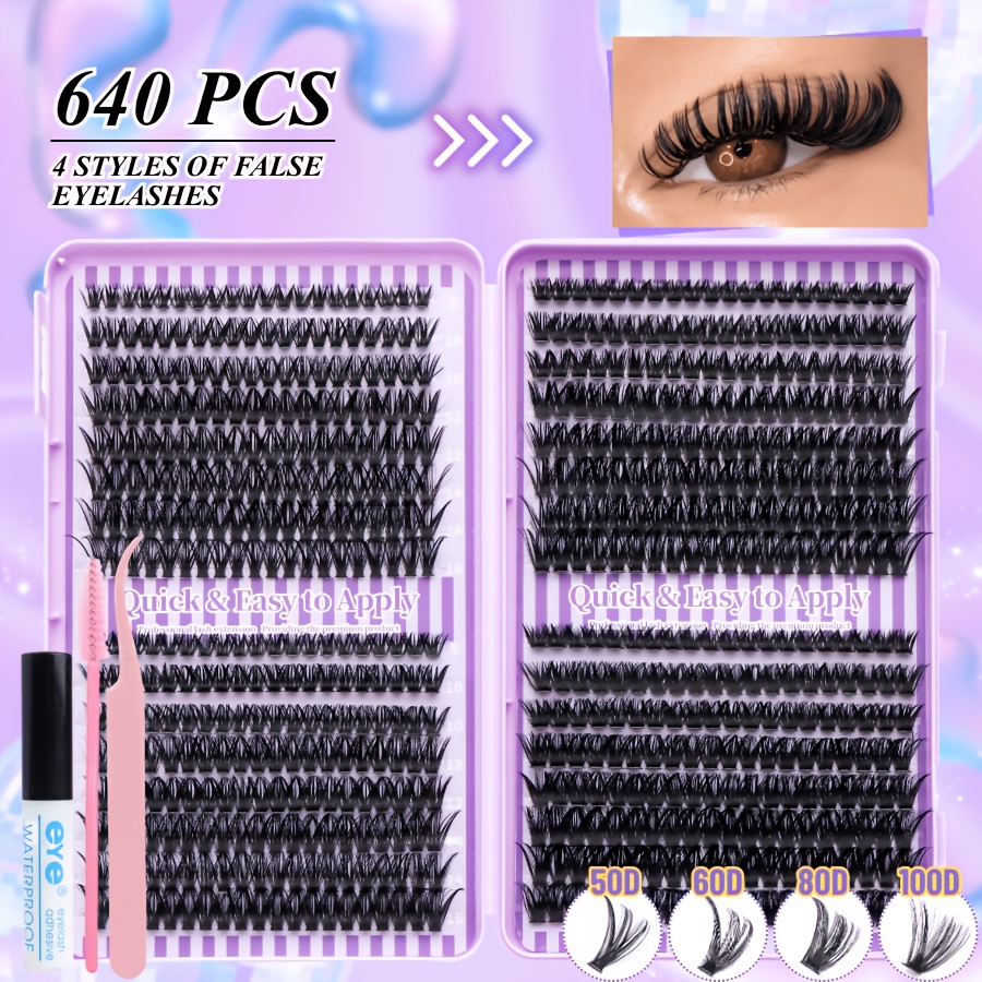 TEMU Kit de Mega Cils 640 Bouquets /80/100D avec Pince, Colle et Brosse, Collection de Faux Cils Ultime pour Fête Mariage Cosmétique , Cils en Fibres