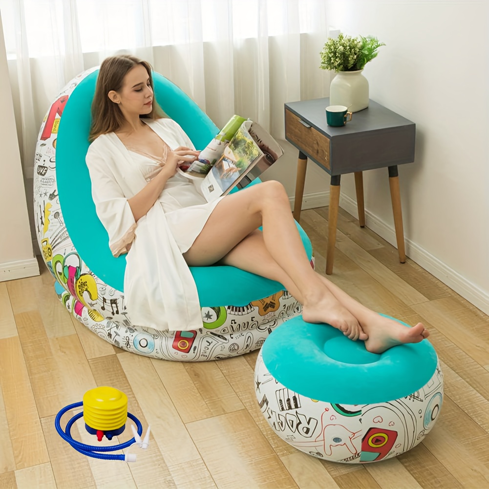 

An Inflatable Recliner With Round Stool And Pump, Graffiti Sofa Inflatable Patio Recliner For Indoor Living Room Bedroom, Camping Picnic Beach Recliner Lounge Recliner