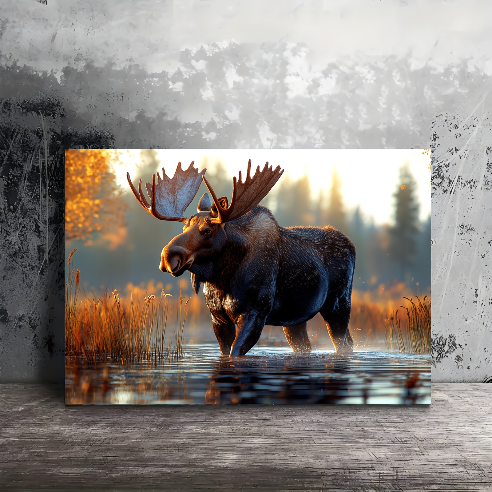 TEMU 2D Plat, 2D Plat, 2D Plat - 1pc Œuvre d'art sur toile encadrée | 12X16 pouces | dans les eaux d'automne avec des dorés | Cadre en bois robuste |