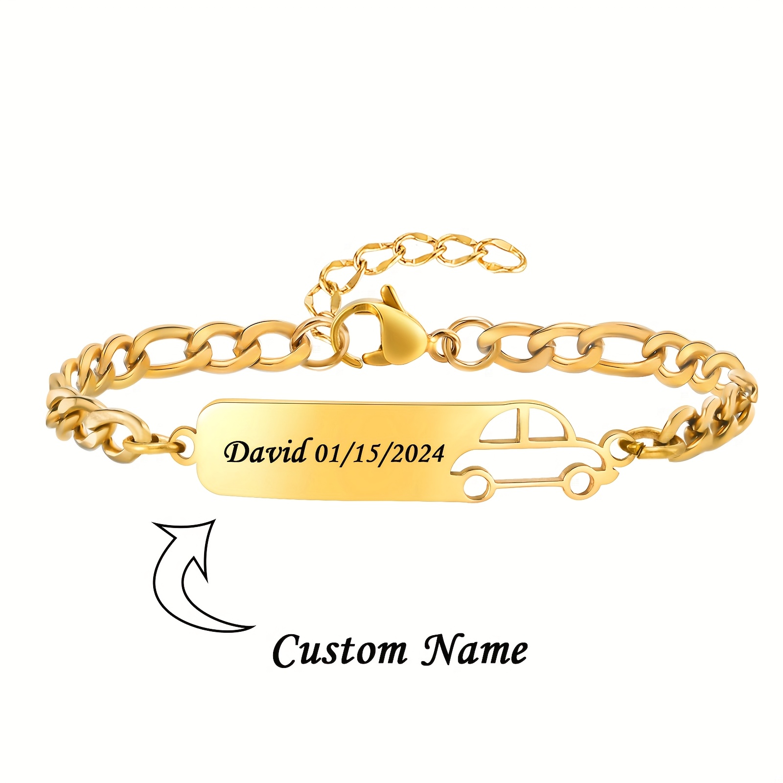 TEMU 1 Custom Name Bracelet, Cute Cartoon Car & For /women, Durable -plated 304 Stainless Steel, Perfect Birthday Gift, Ramadan Present