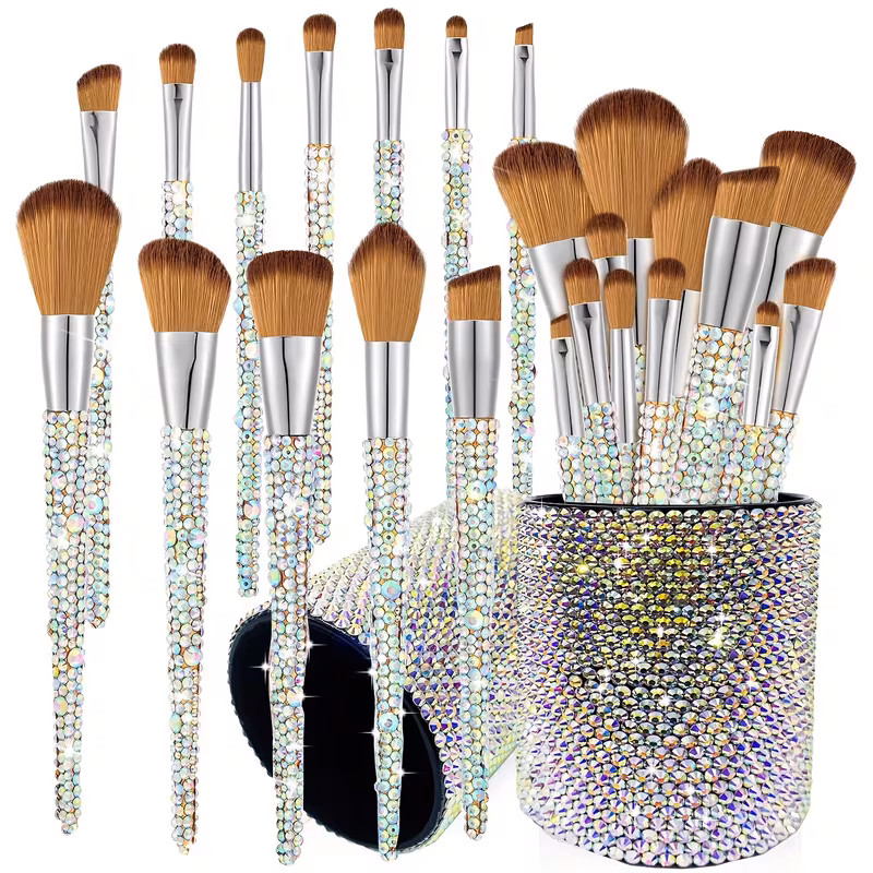 13pcs Rhinestone-Studded Makeup Brush Set with Holder
