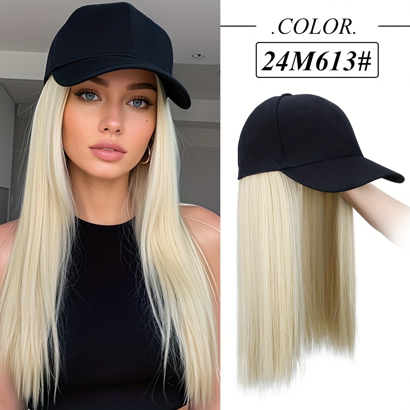 Synthetic Hat Wig With Long Straight Black Hair Baseball Cap Hair Extension Stylish Convenient -one Design For Women