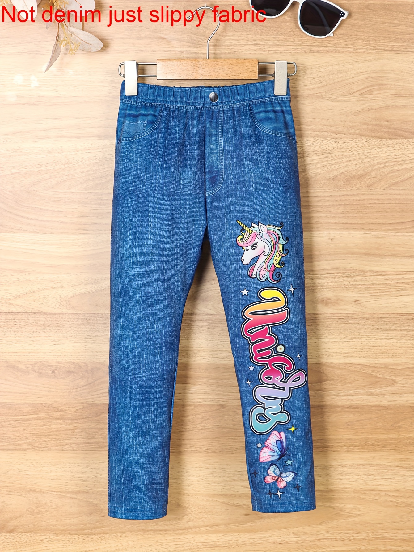 Little Girls Imitation Denim 3D Print Trousers With Graffiti Ripped Digital  Print, Stretch Casual Pants For Outwear