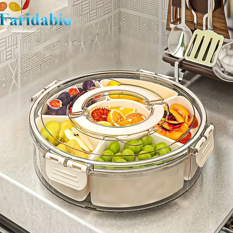 

6-room Divided Rotating Tray With Lid And Handles - Portable Snack Box For Fruit, Vegetables, And , Clear Storage Container For Adults And Back To School, 11.4" Length, 1pc, Kitchen Supplies,