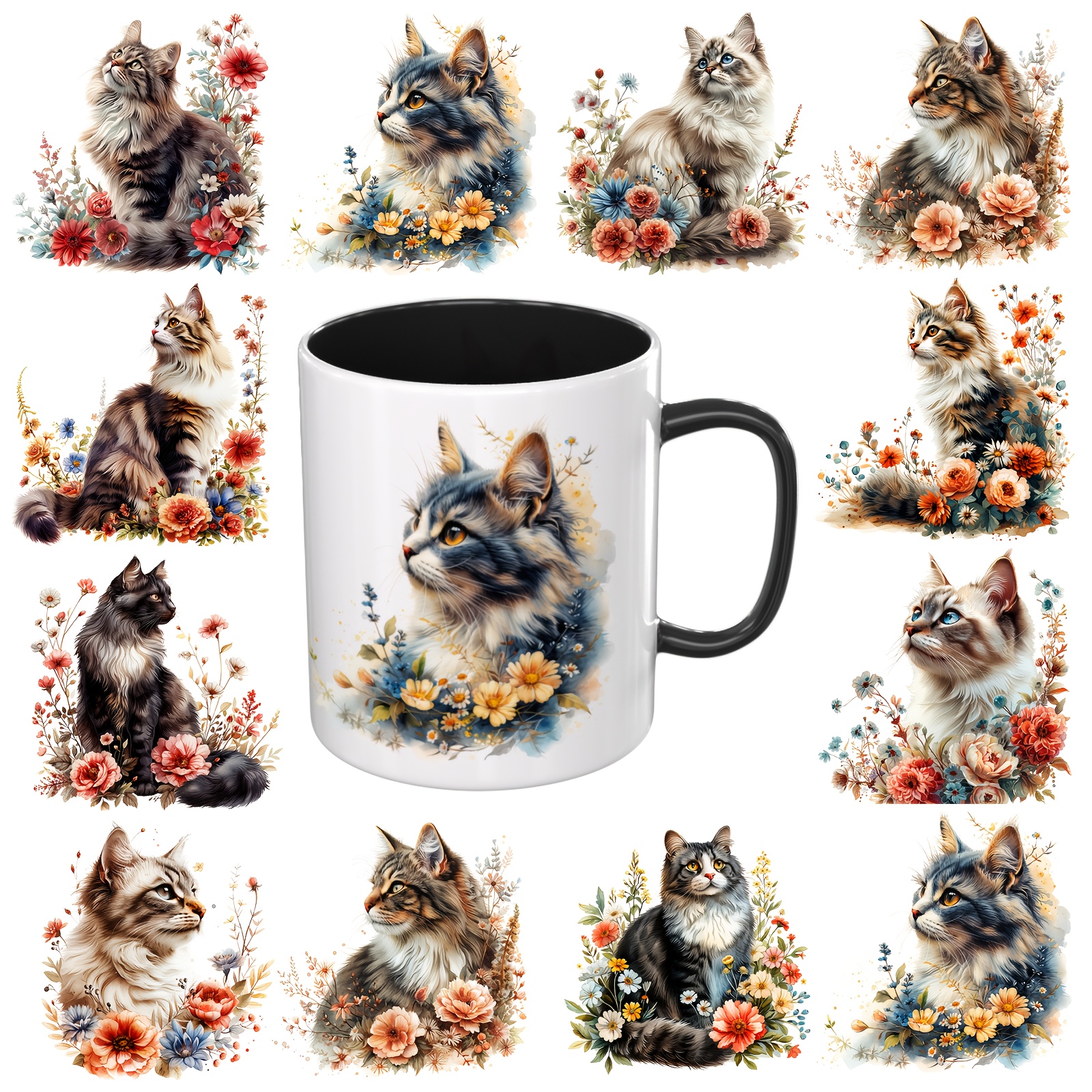 A Set Of 12 Floral Cat-themed Uv Dtf Transfer For Packaging Mugs, Coffee Cups, And Decorative Gifts, , Water Bottles, And More ( The Uv Wraps Are Included, Mugs Are Not For )