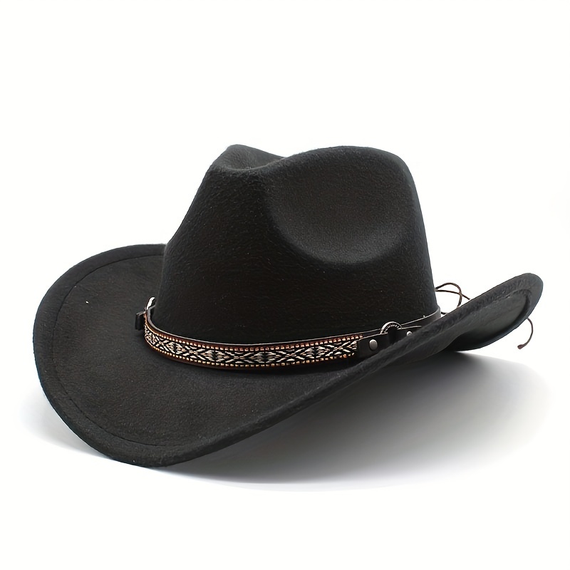 Unisex Hat With A Retro Ethnic Design, Featuring A Solid   A Western Cowboy Felt Hat Band 4