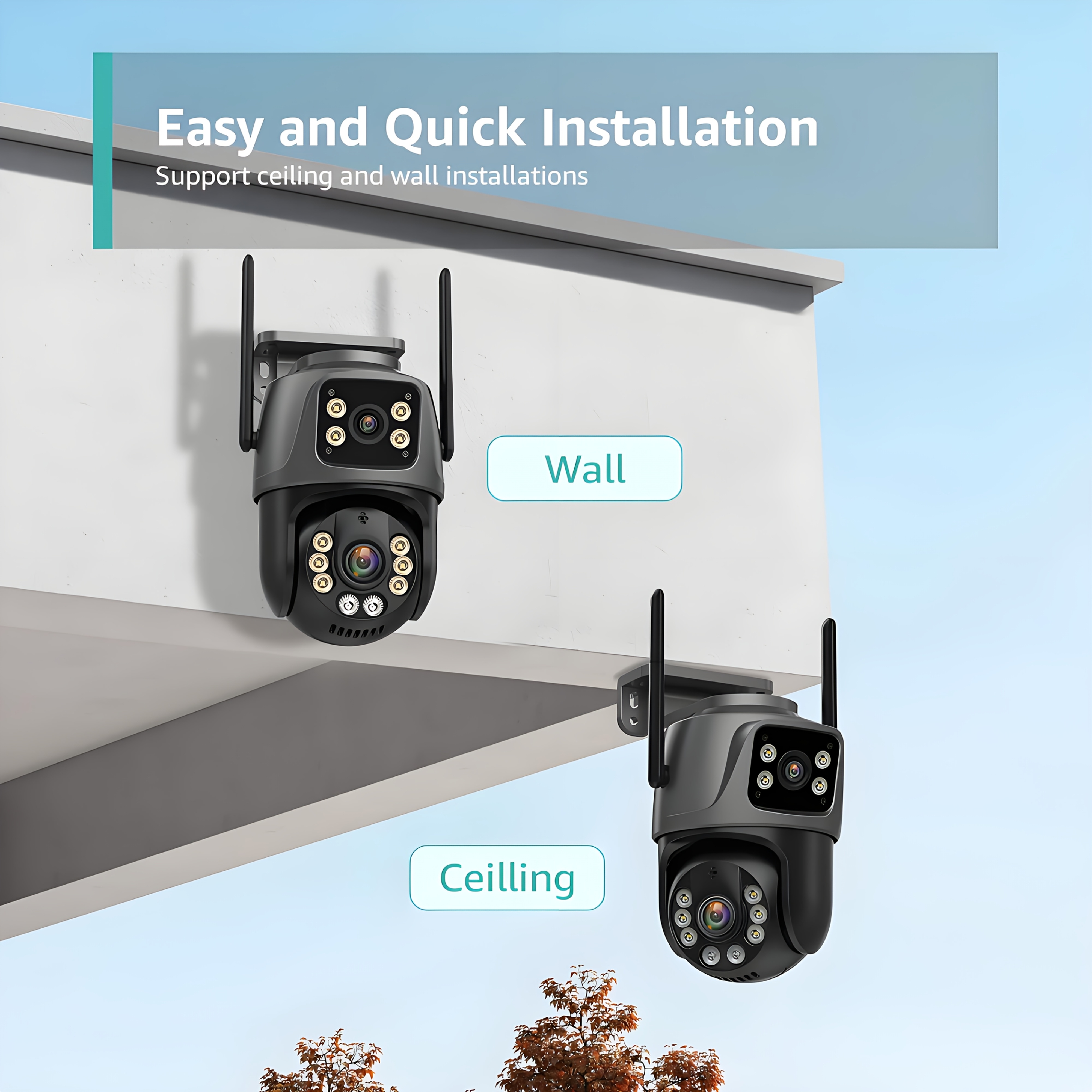 Cámara de seguridad inalámbrica para exteriores de 8MP con lente dual, seguimiento automático, detección humana, visión nocturna a color, grabación 24/7, audio bidireccional, conexión cableada RJ45, almacenamiento en la nube/SD, enchufe europeo, vigilancia exterior, vigilancia moderna