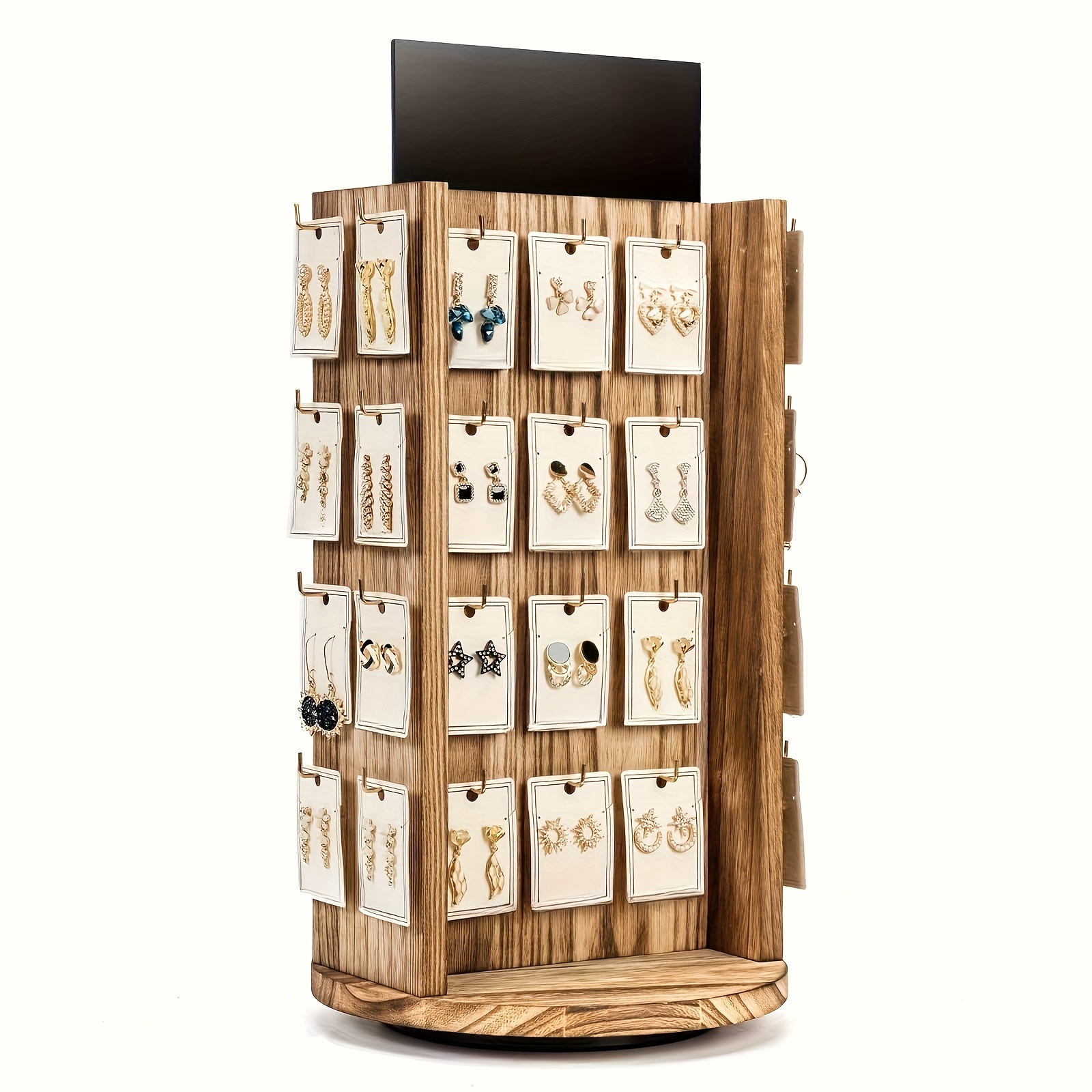 TEMU A Rotating Earring Display Stand In A Rustic Style Featuring An Advertising Board, With 40 Hooks For Organizing Jewelry. Perfect For Boutiques, Craft , And Retail Shops