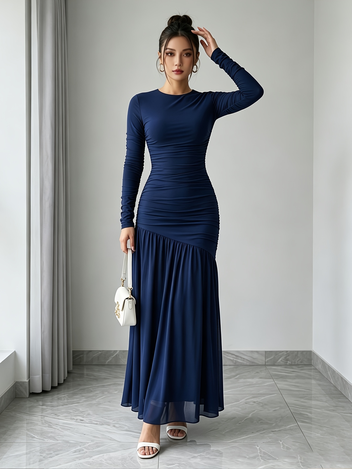 navy blue formal dresses south africa Simple and Elegant Mesh Long-sleeve Maxi Dress navy blue dress for wedding