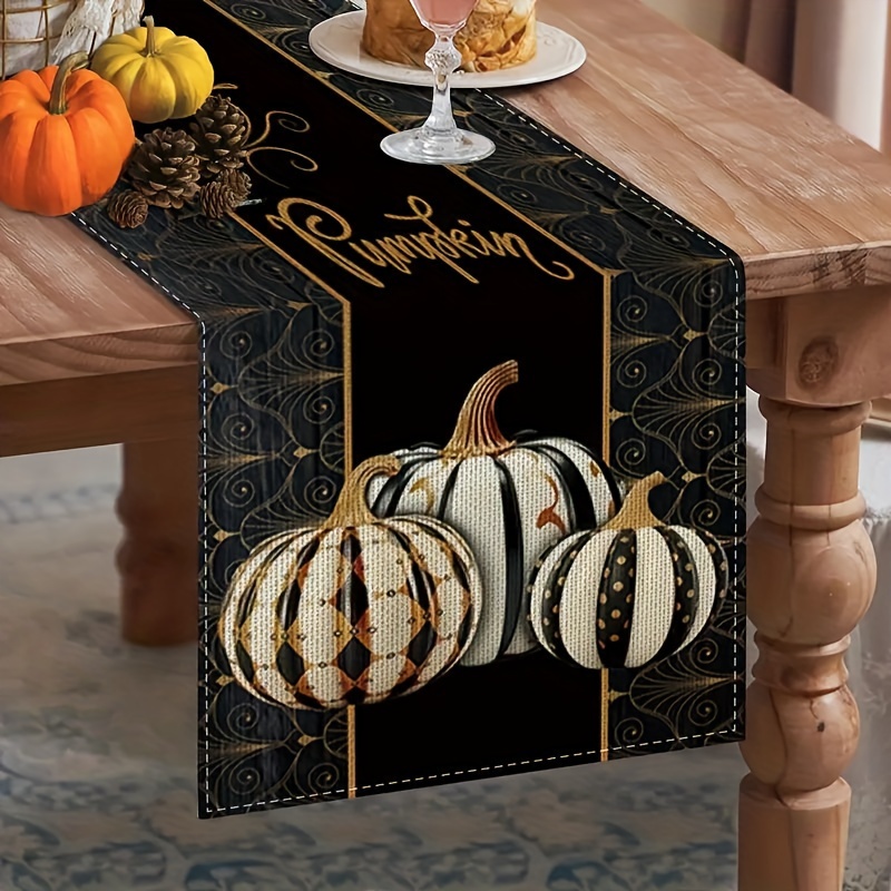 

Stylish Pumpkin Art Table Runner, Abstract Black & White Metal Design, Polyester, Rectangular, Washable & Non-slip, Perfect For Fall Gatherings, Home Parties & Dining Events, Theme