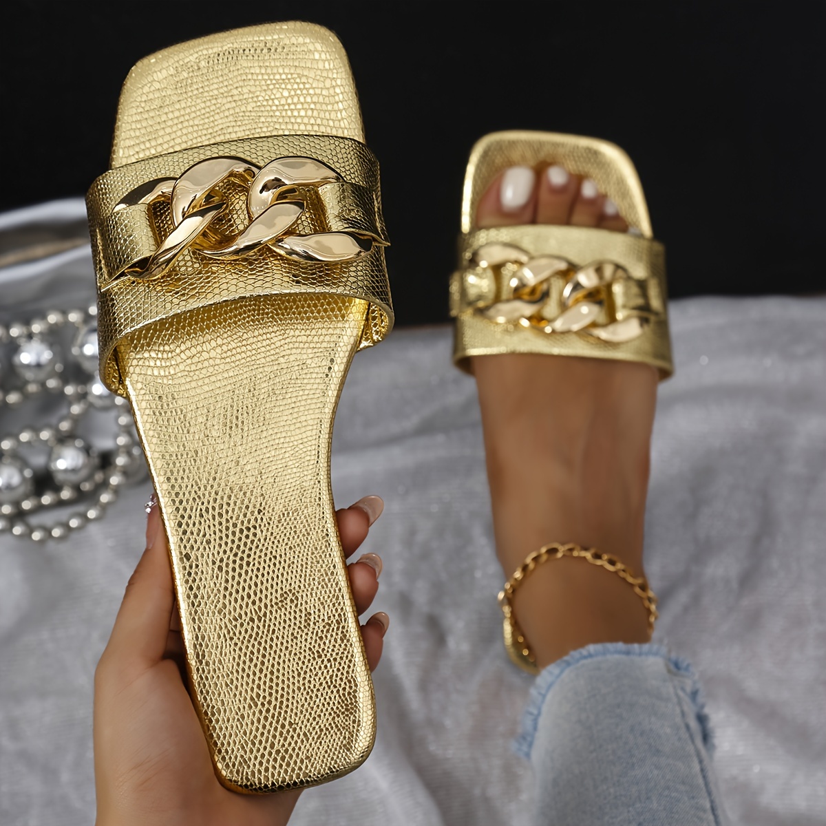 New Fashionable Elegant Plus-size Flat Women's Golden Sandals - Square-toe Fish Scale Pattern With Metal Chain…: retailer-supplied image