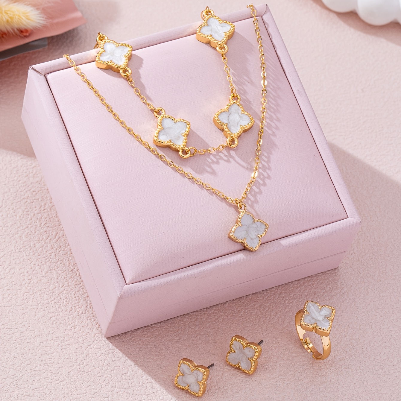 Image of Light Luxury Niche Drip Oil Four-flower Set: Elegant Stud Earrings, Necklace, Bracelet, And Ring For Daily, Dating, And Commuting Wear