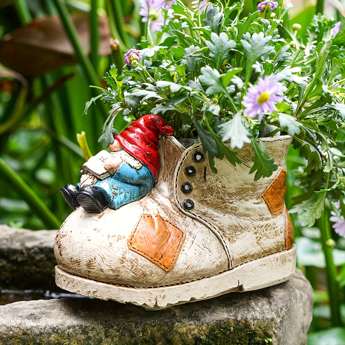 

1pc Rustic Resin Gnome Boot Planter, Decorative 3d Garden Gnome Flower Pot, Vintage Shoe Succulent Container For Outdoor & Home Decor, Festive Farmhouse Style Yard Balcony Accent