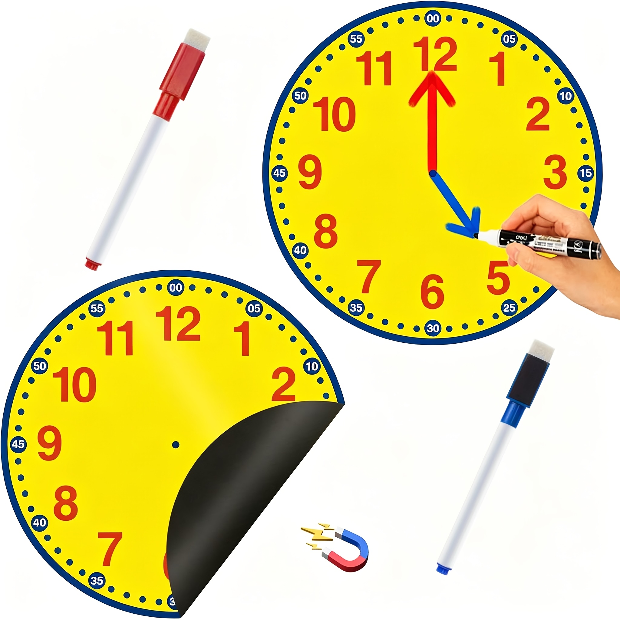 TEMU 2-pack 6-inch Magnetic Erasable Learning Clocks, Including 2 Pens, Whiteboard, Magnetic Time Simulation Practice, Teaching Aids, Classroom And