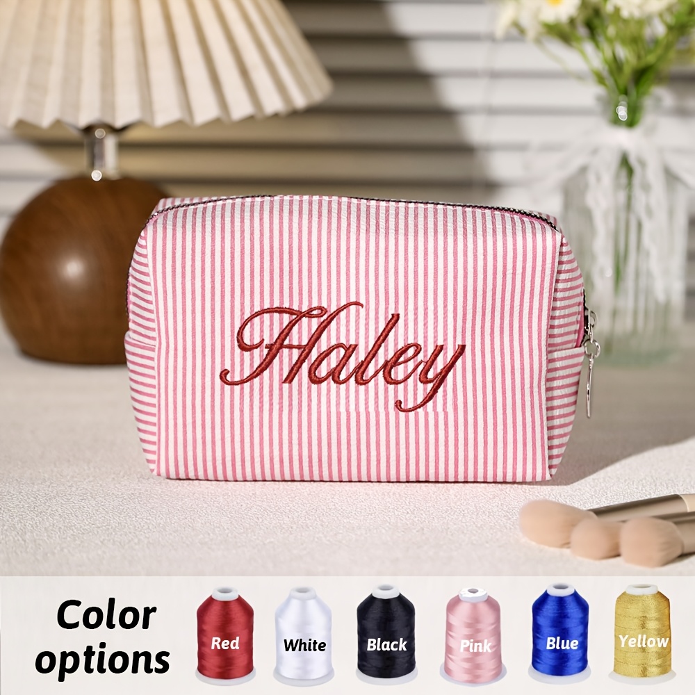TEMU Custom Embroidered Seersucker Makeup Bag, Monogrammed Bridesmaid Cosmetic Pouch, Girly Portable Travel Toiletry Organizer For Skincare Products,