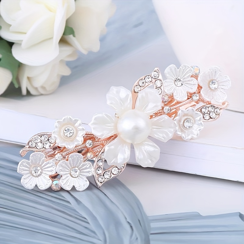 Elegant Pearl Rhinestone Bow Hair Clip, Simple , Women's Ponytail Holder, Small Spring Clasp